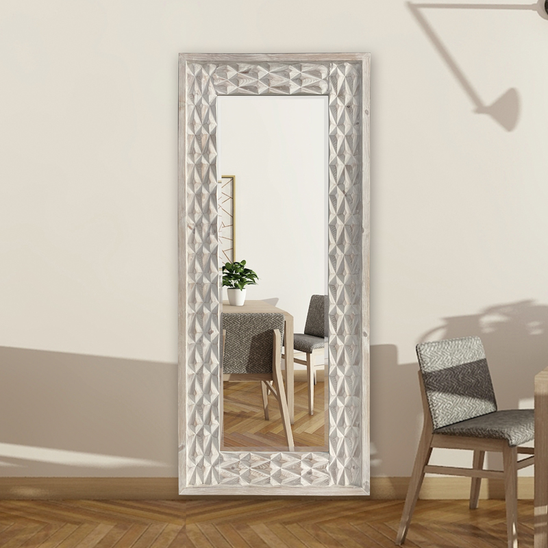 Large Full Length White Wood Carved Floor Mirror 